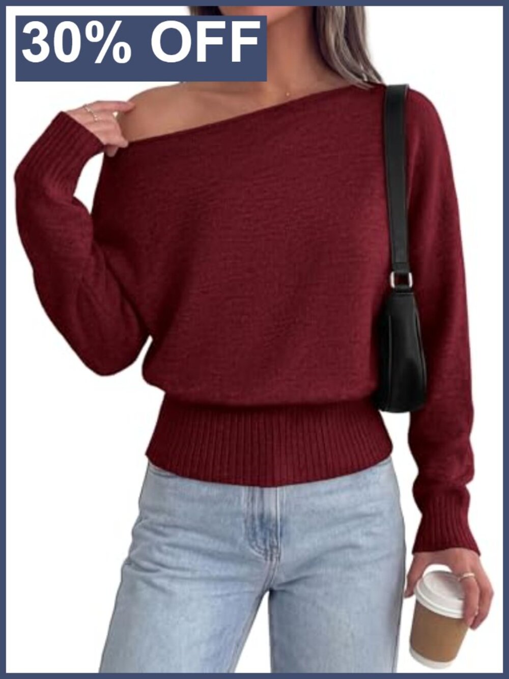 Off The Shoulder Sweater Asymmetrical Neck Ribbed Waist Pullover